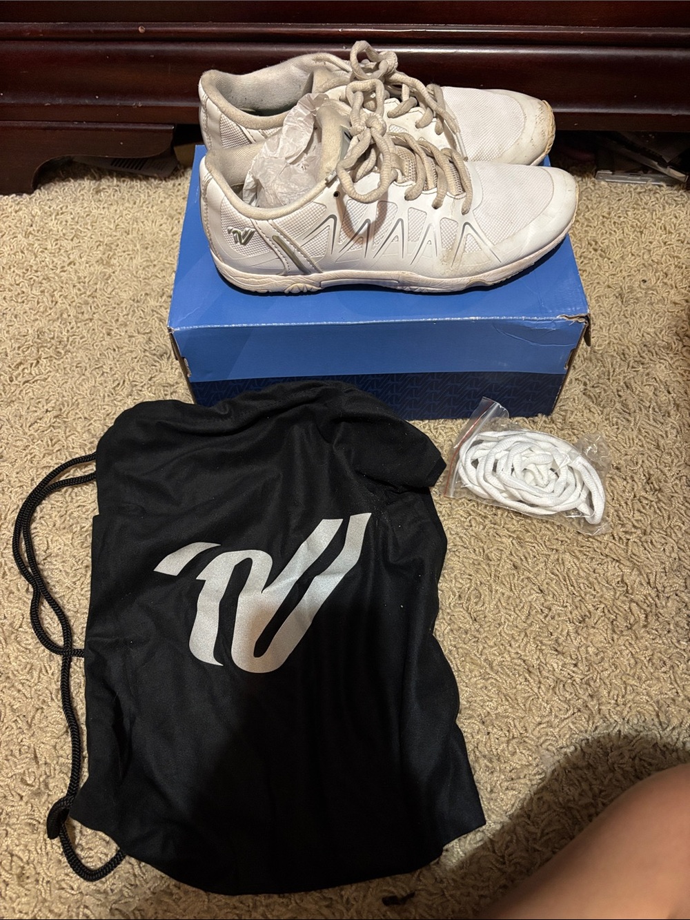 Varsity White Athletic Sneakers with Black Logo Drawstring Bag